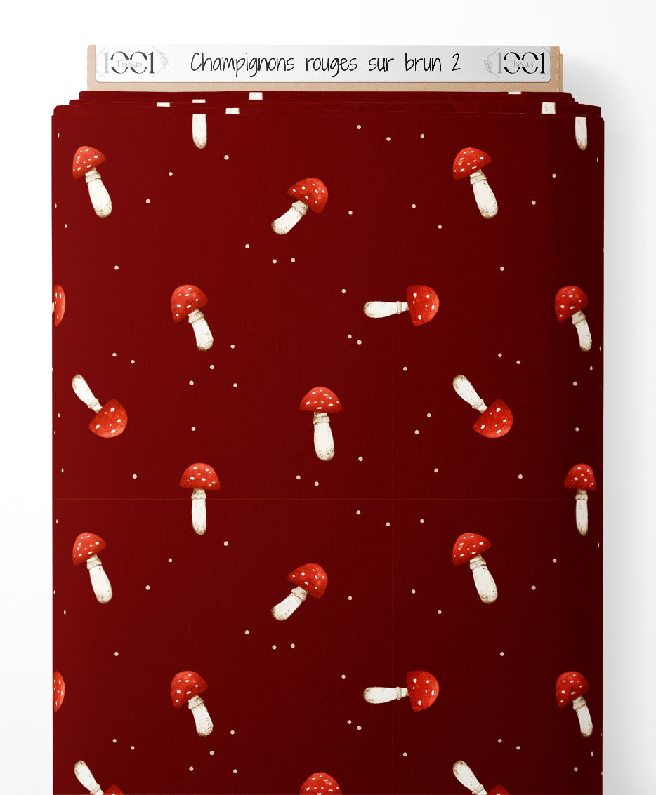 Tissu - Champignons rouges sur brun 2