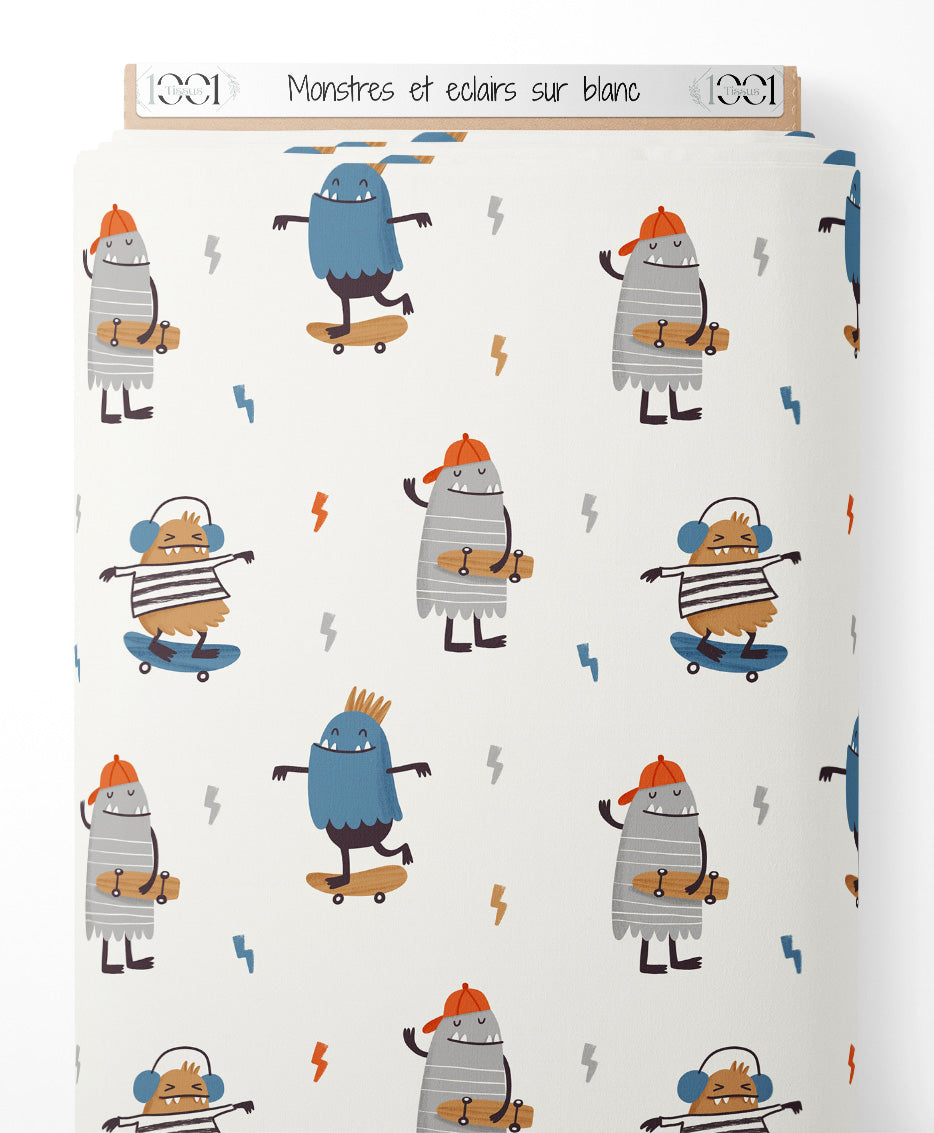 Tissu - Monstres et éclairs sur blanc
