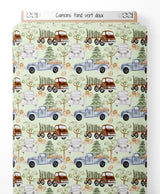 Tissu - Camions sur fond vert doux