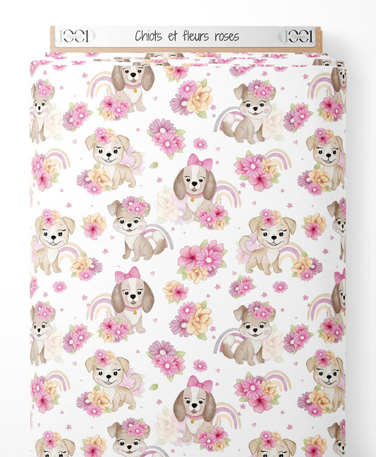 Tissu - Chiots et fleurs roses