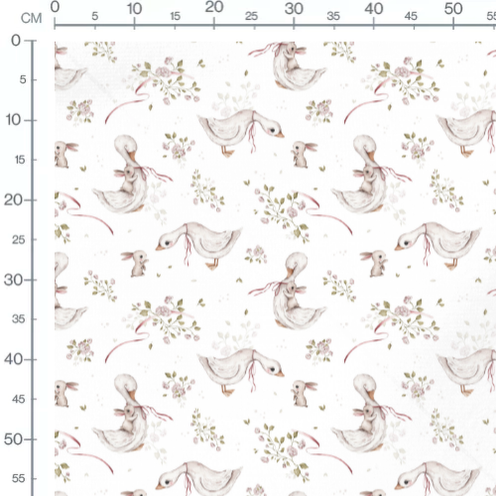 Tissu - Canards et lapins sur blanc