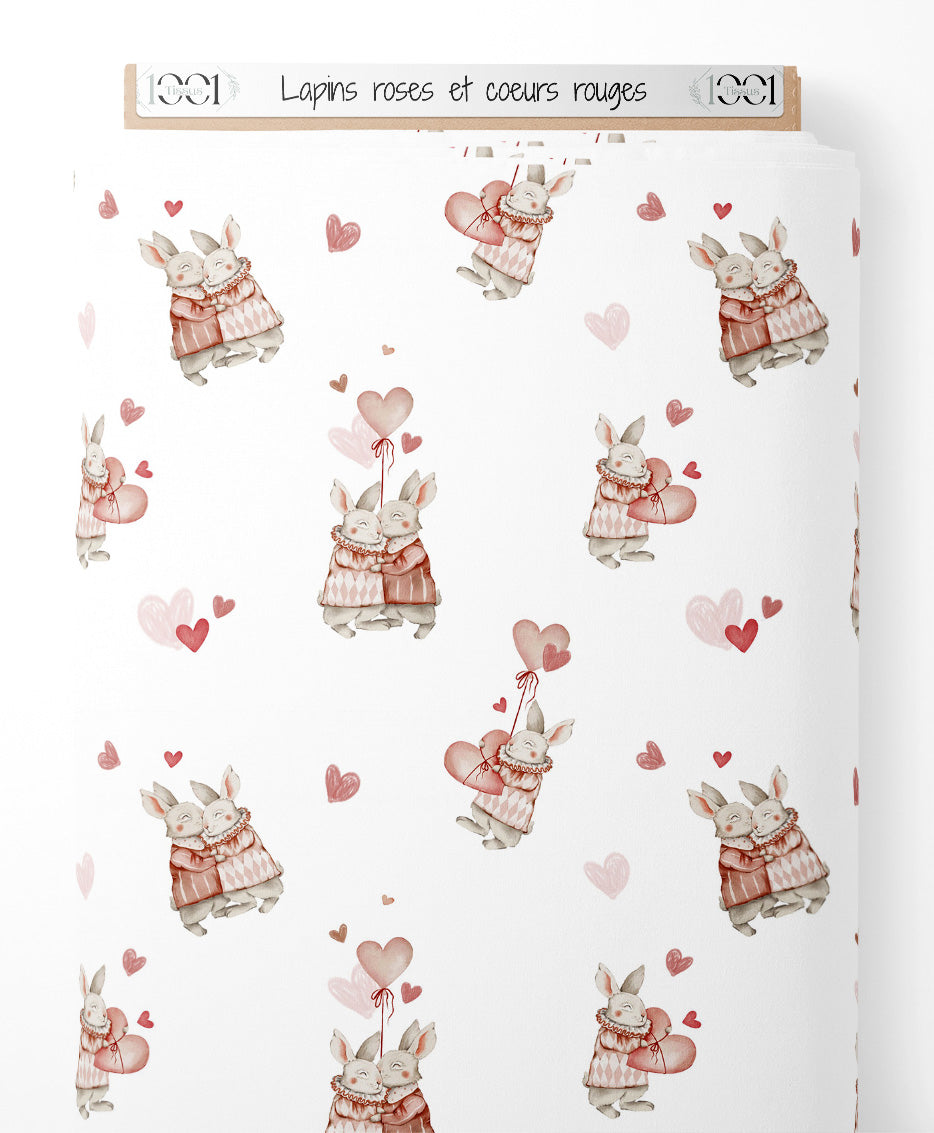 Tissu - Lapins roses et cœurs rouges