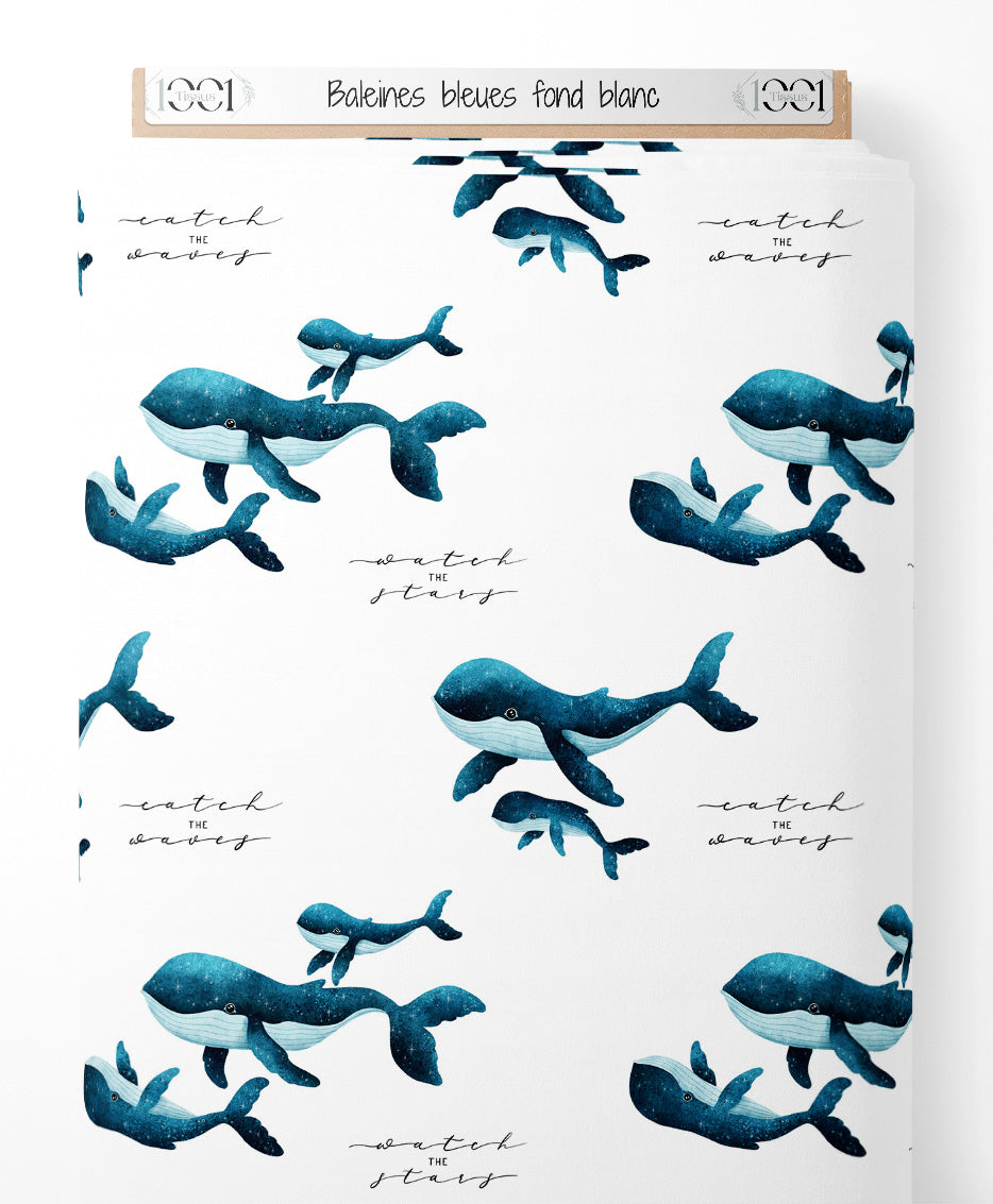 Tissu - Baleines bleues sur fond blanc