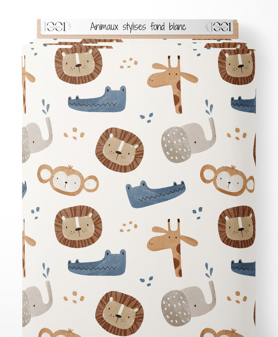 Tissu - Animaux stylisés sur fond blanc