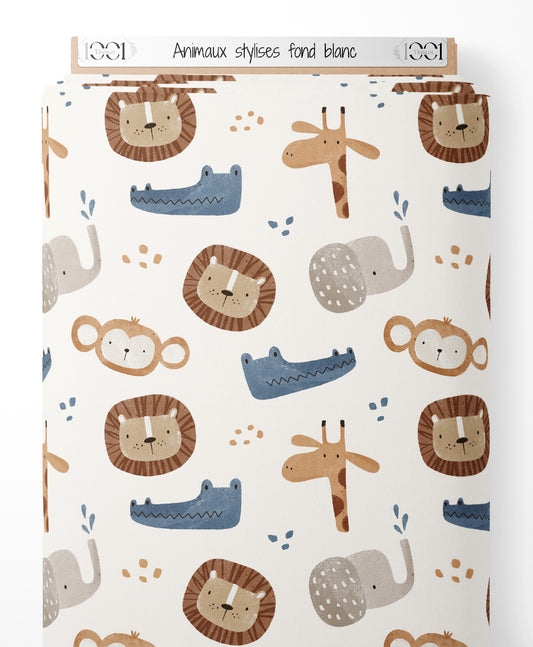 Tissu - Animaux stylisés sur fond blanc