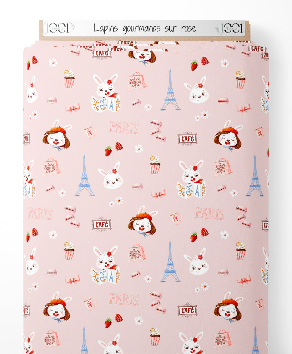 Tissu - Lapins gourmands sur rose