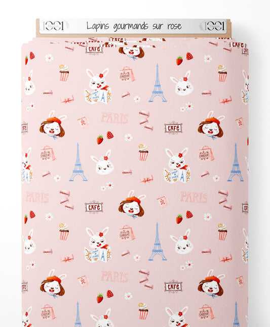 Tissu - Lapins gourmands sur rose