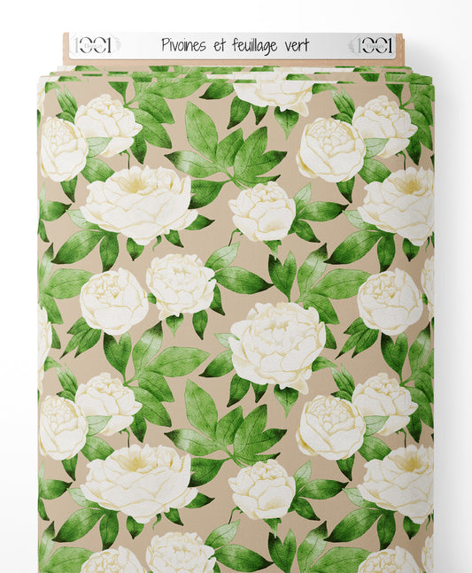 Tissu - Pivoines et feuillage vert