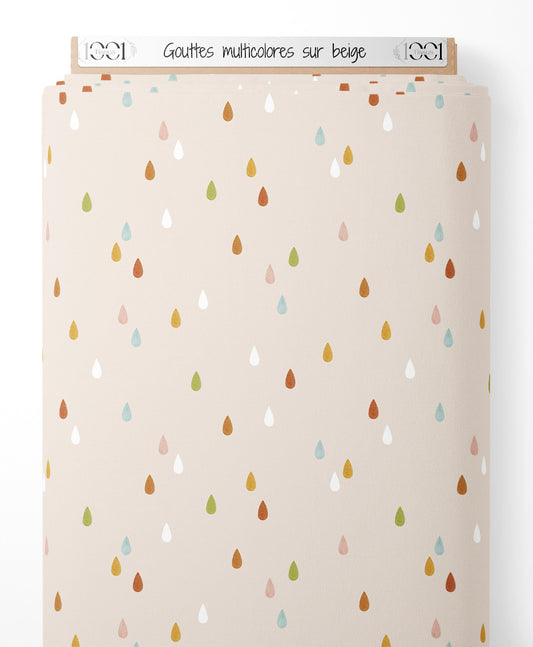 Tissu - Gouttes multicolores sur beige