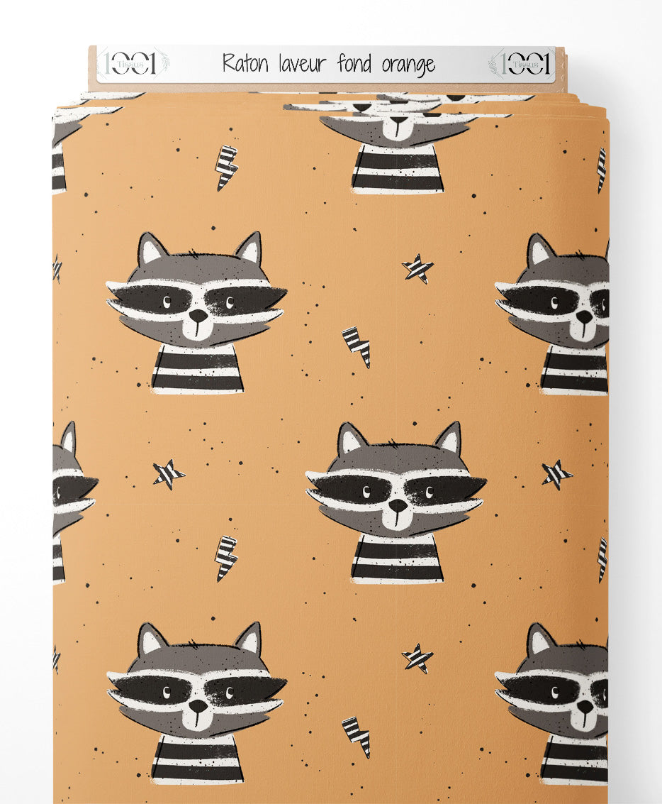 Tissu - Raton laveur fond orange