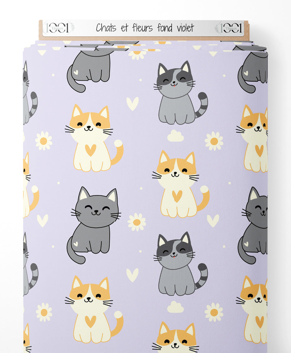 Tissu - Chats et fleurs sur fond violet