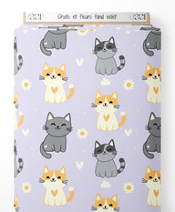 Tissu - Chats et fleurs sur fond violet