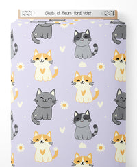 Tissu - Chats et fleurs sur fond violet