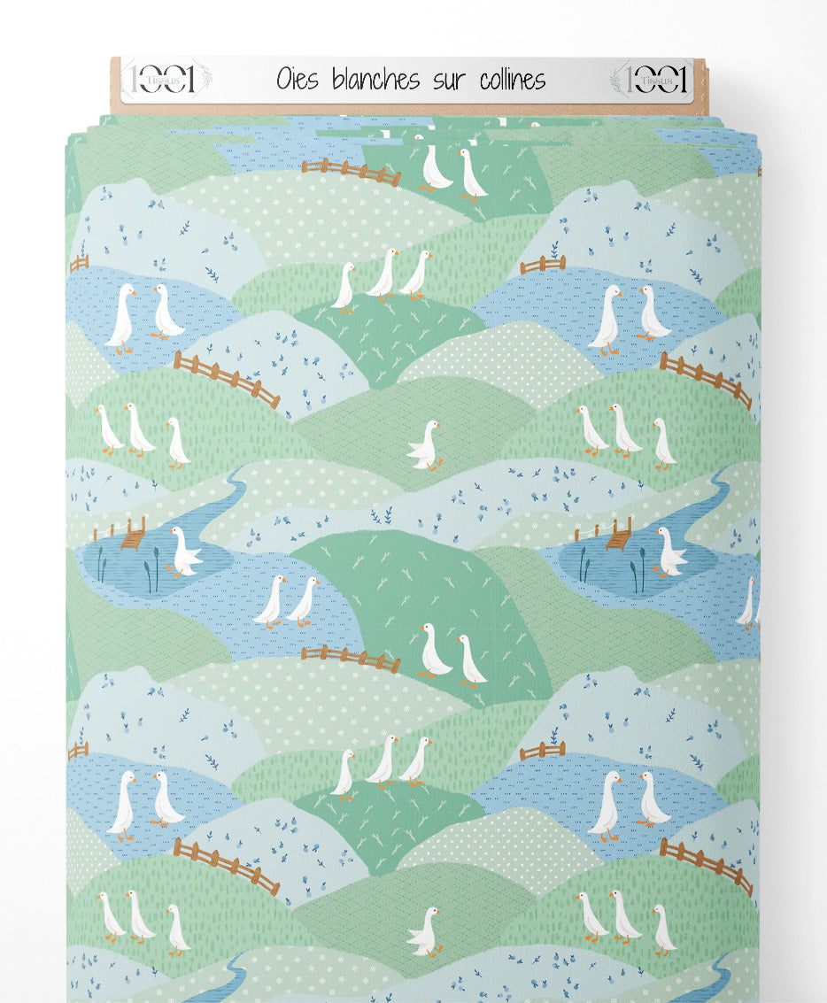 Tissu - Oies blanches sur collines