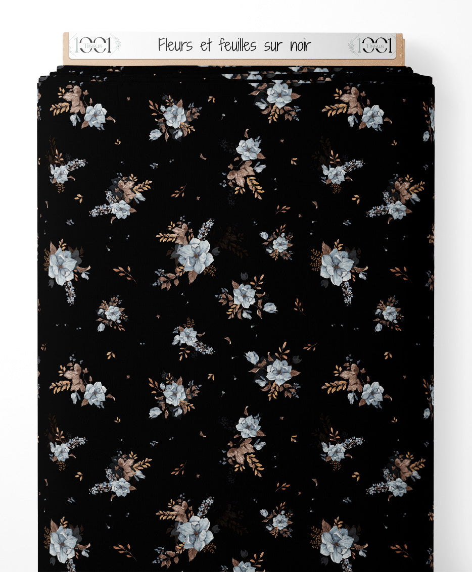 Tissu - Fleurs et feuilles sur noir