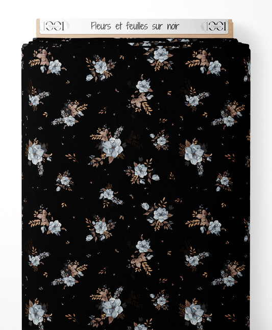 Tissu - Fleurs et feuilles sur noir