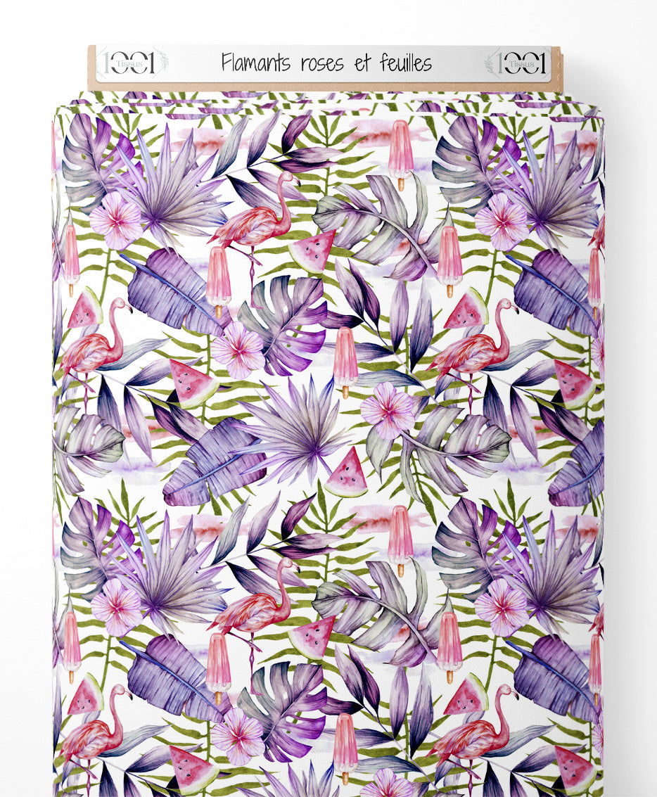 Tissu - Flamants roses et feuilles