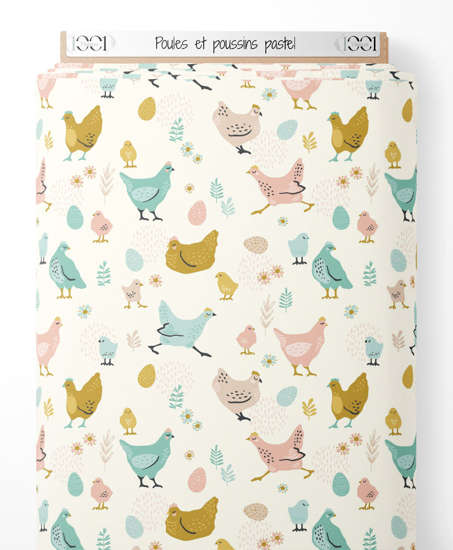 Tissu - Poules et poussins pastel