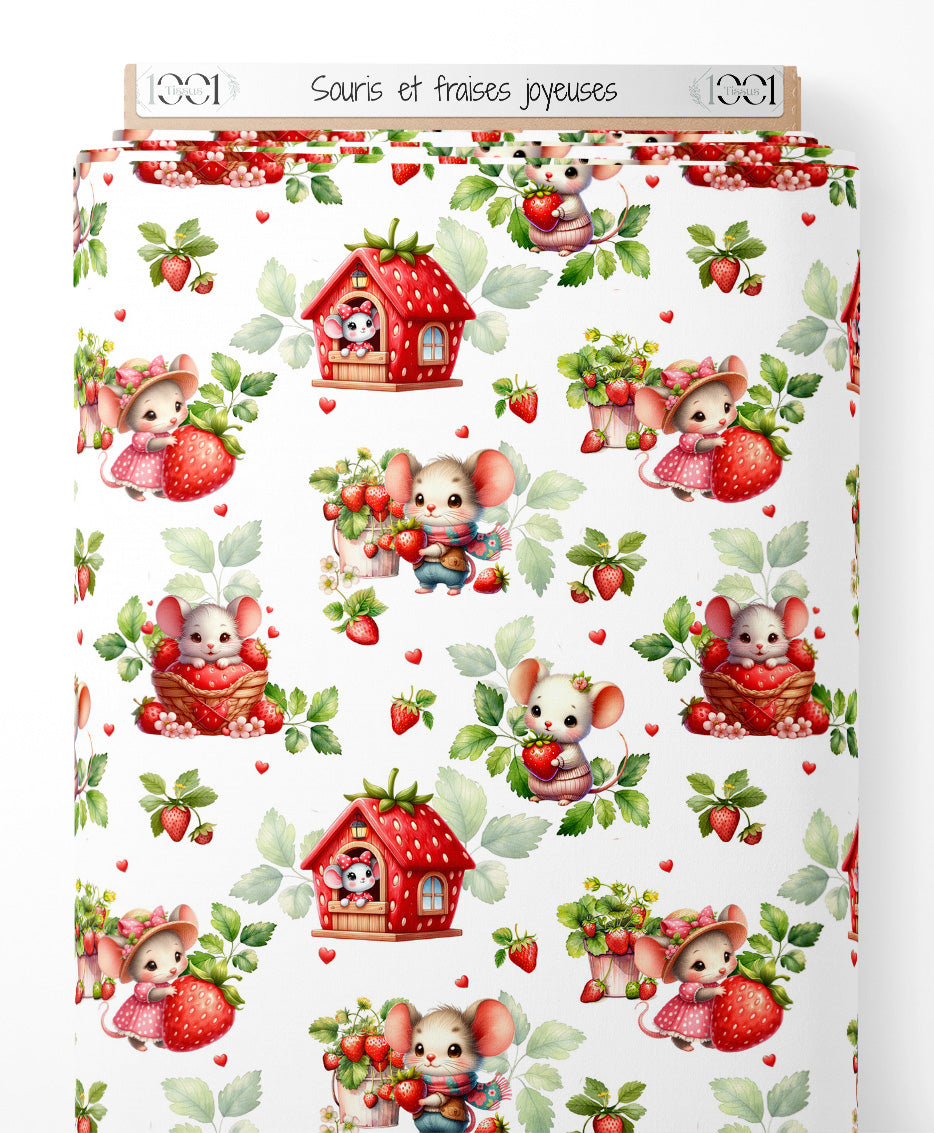 Tissu - Souris et fraises joyeuses