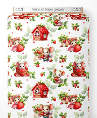 Tissu - Souris et fraises joyeuses