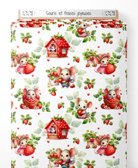 Tissu - Souris et fraises joyeuses