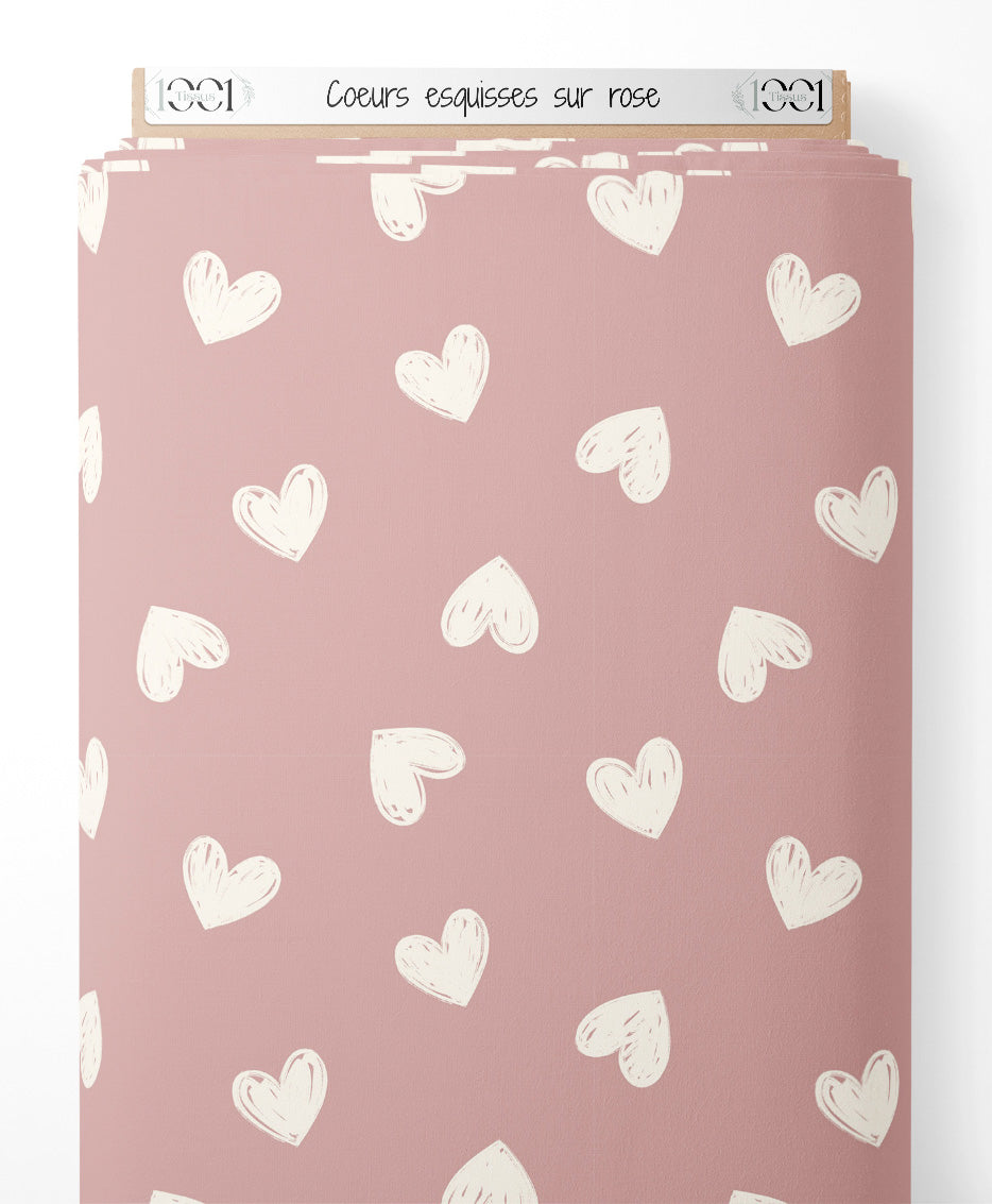 Tissu - Cœurs esquissés sur rose