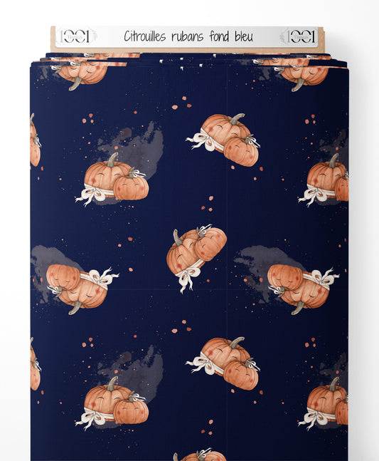 Tissu - Citrouilles rubans sur fond bleu