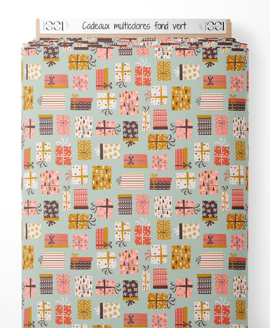 Tissu - Cadeaux multicolores sur fond vert