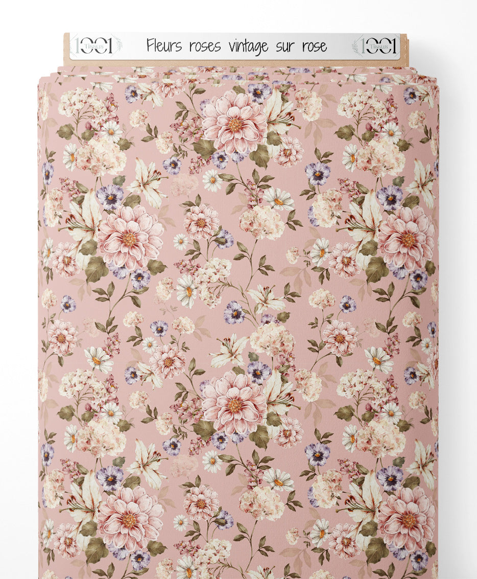 Tissu - Fleurs roses vintage sur rose