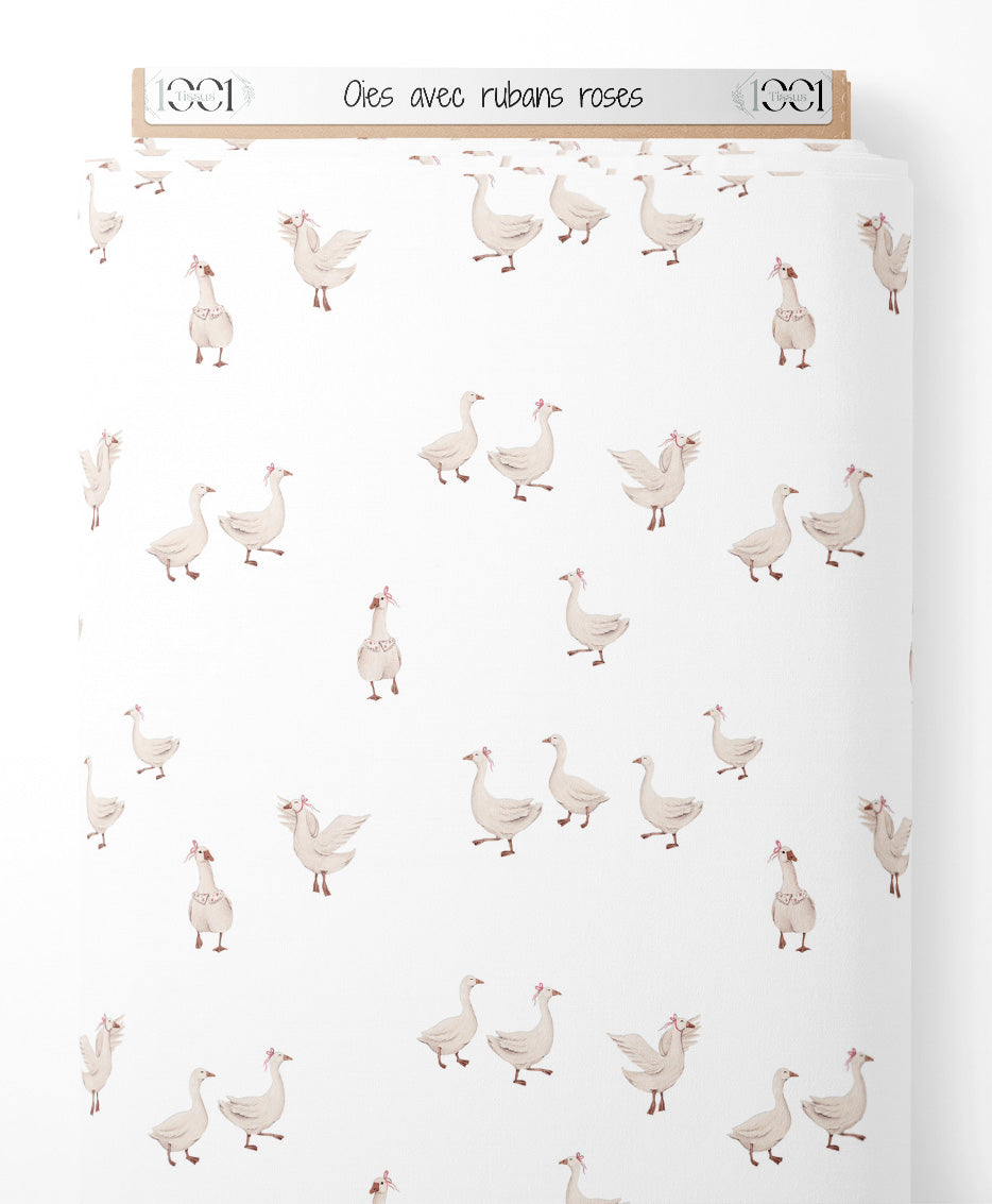 Tissu - Oies avec rubans roses