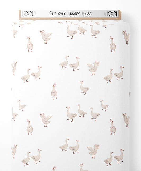 Tissu - Oies avec rubans roses