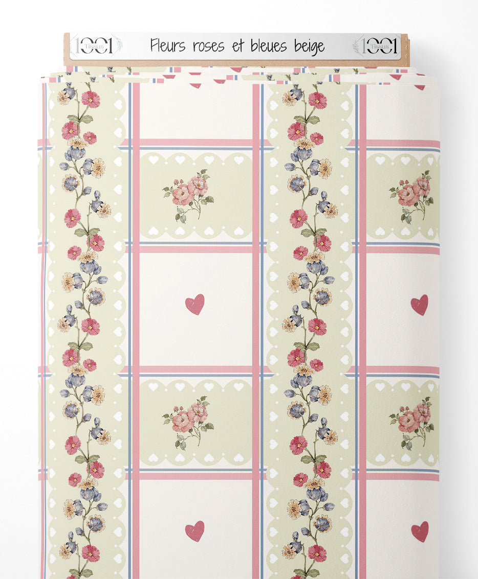 Tissu - Fleurs roses et bleues beige