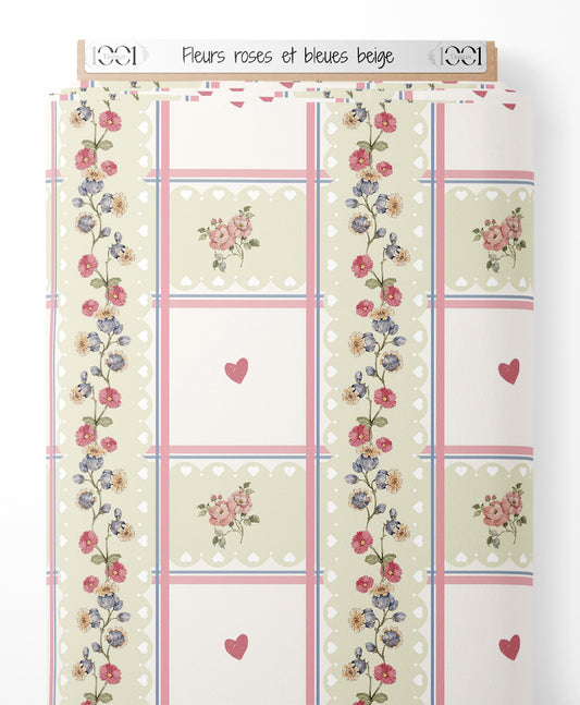 Tissu - Fleurs roses et bleues beige