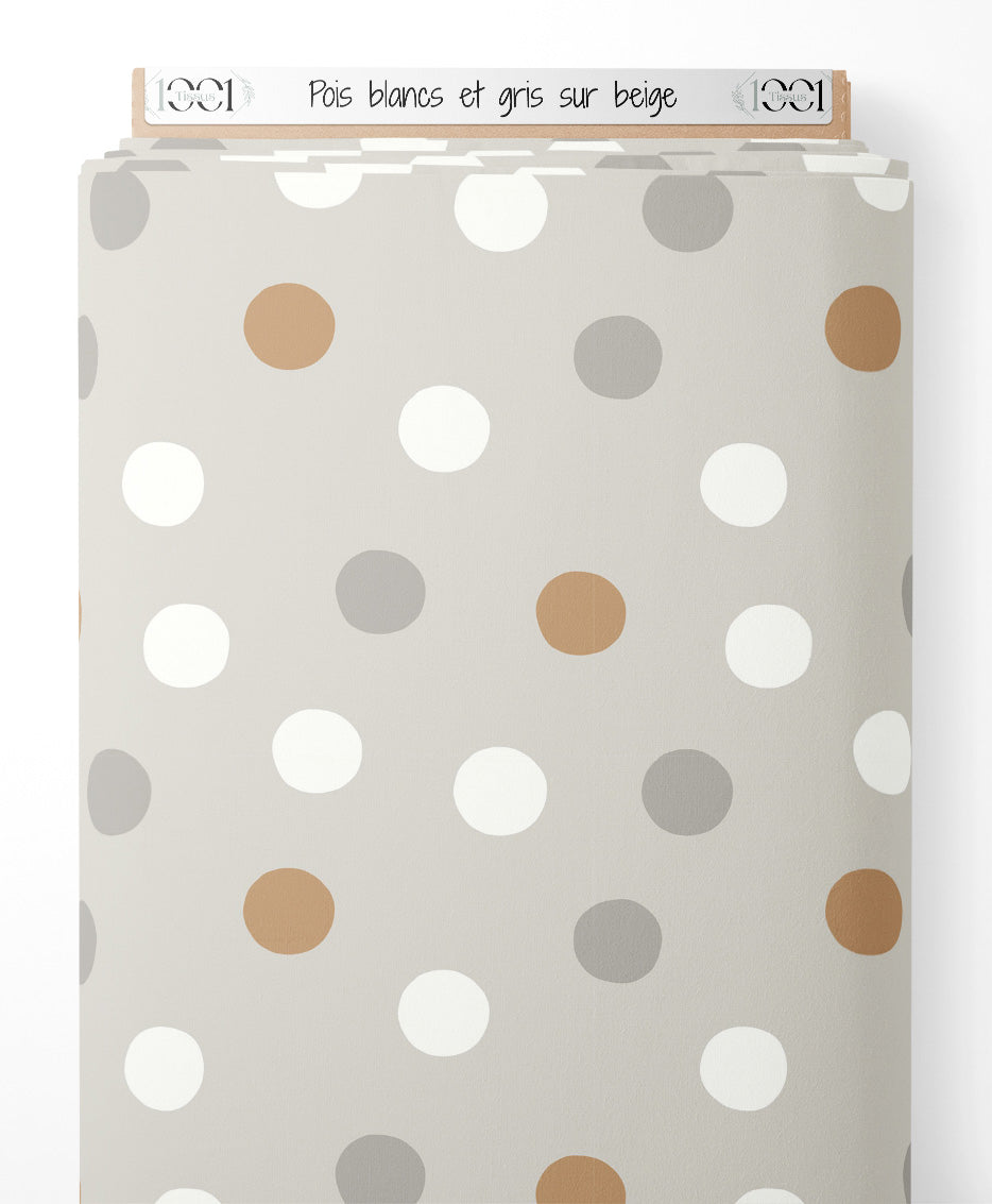 Tissu - Pois blancs et gris sur beige