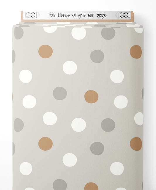 Tissu - Pois blancs et gris sur beige