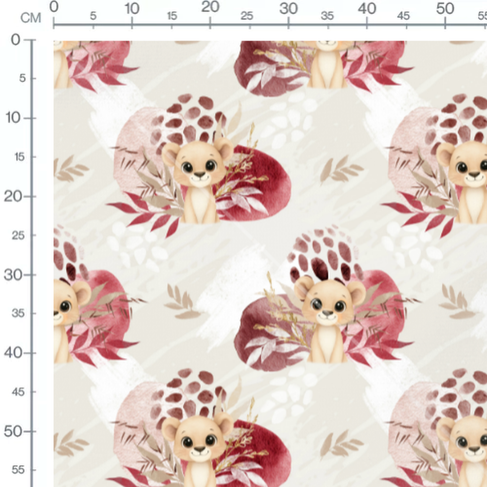 Tissu - Lionceau et feuillages rouges