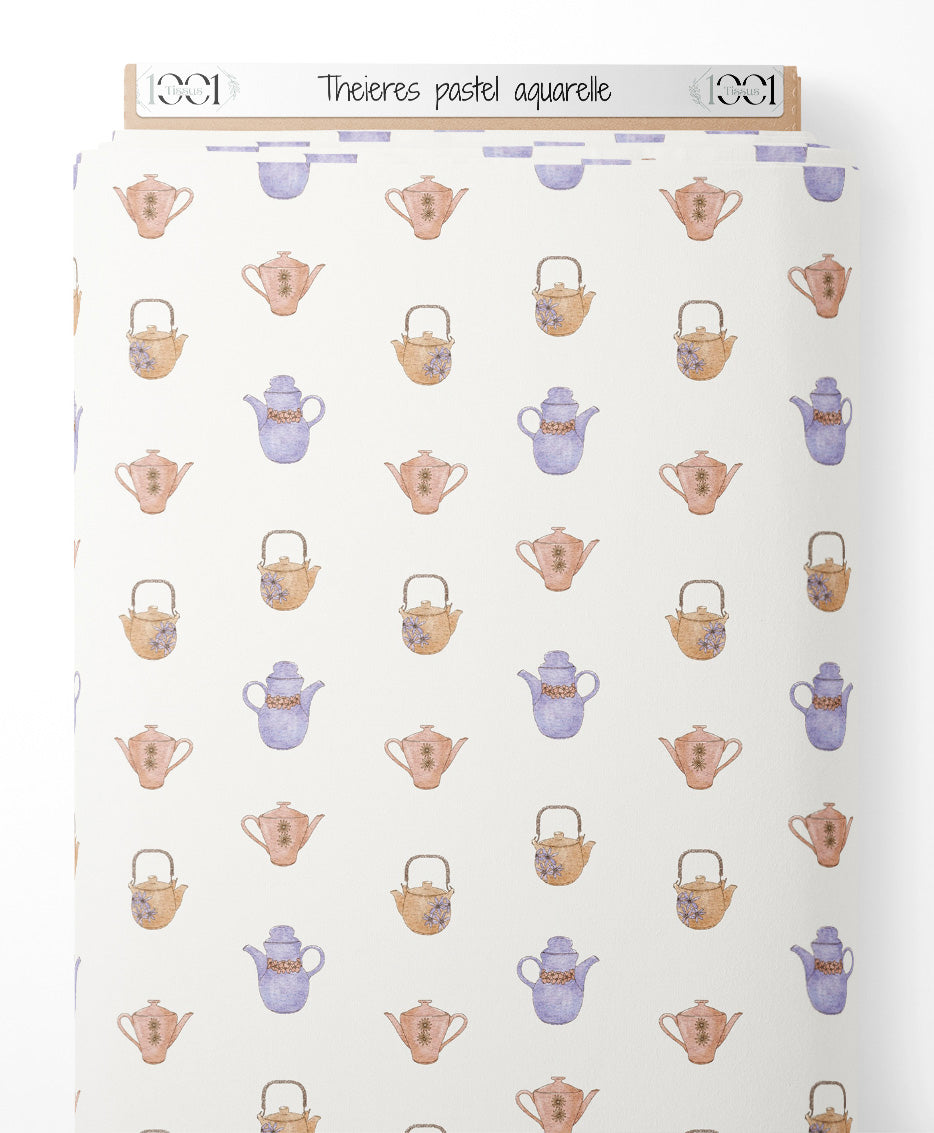 Tissu - Théières pastel aquarelle
