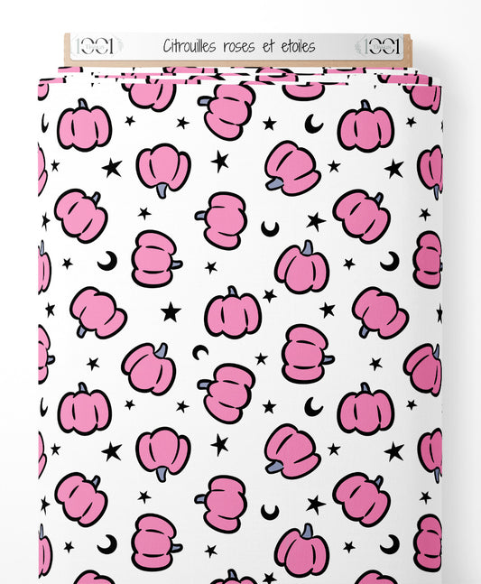 Tissu - Citrouilles roses et étoiles