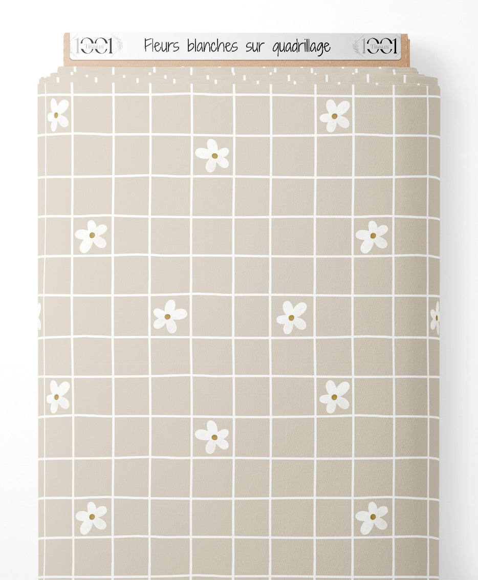 Tissu - Fleurs blanches sur quadrillage