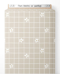 Tissu - Fleurs blanches sur quadrillage