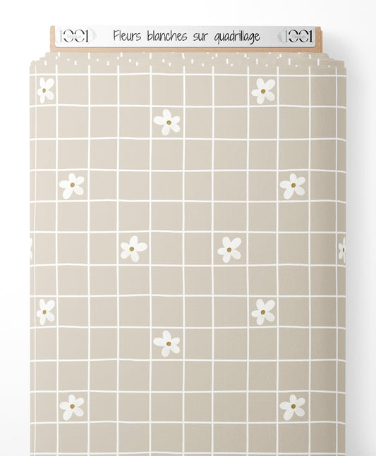 Tissu - Fleurs blanches sur quadrillage