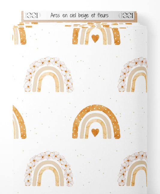 Tissu - Arcs-en-ciel beige et fleurs