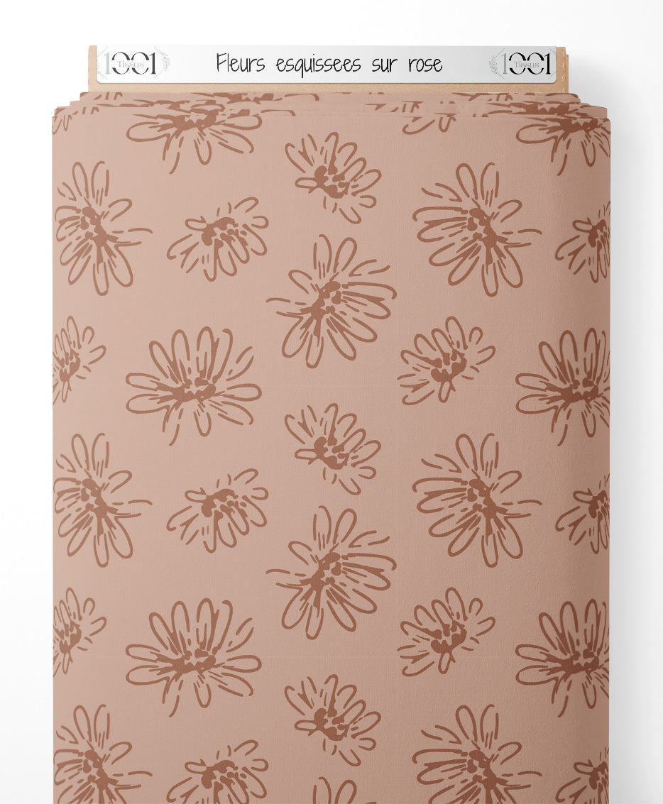 Tissu - Fleurs esquissées sur rose