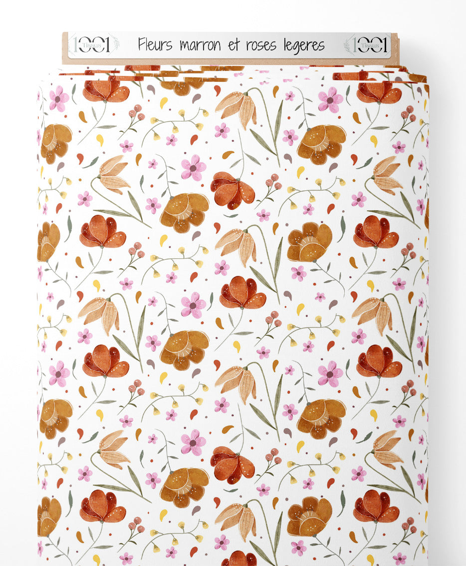 Tissu - Fleurs marron et roses légères