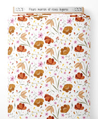 Tissu - Fleurs marron et roses légères