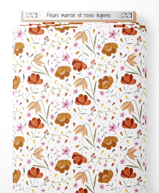 Tissu - Fleurs marron et roses légères