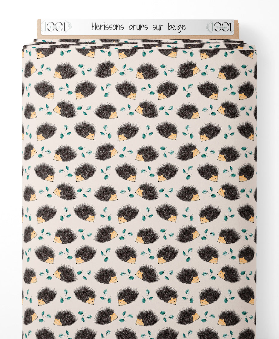 Tissu - Hérissons bruns sur beige