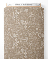 Tissu - Animaux et feuilles blanches