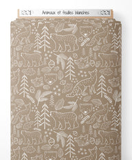 Tissu - Animaux et feuilles blanches