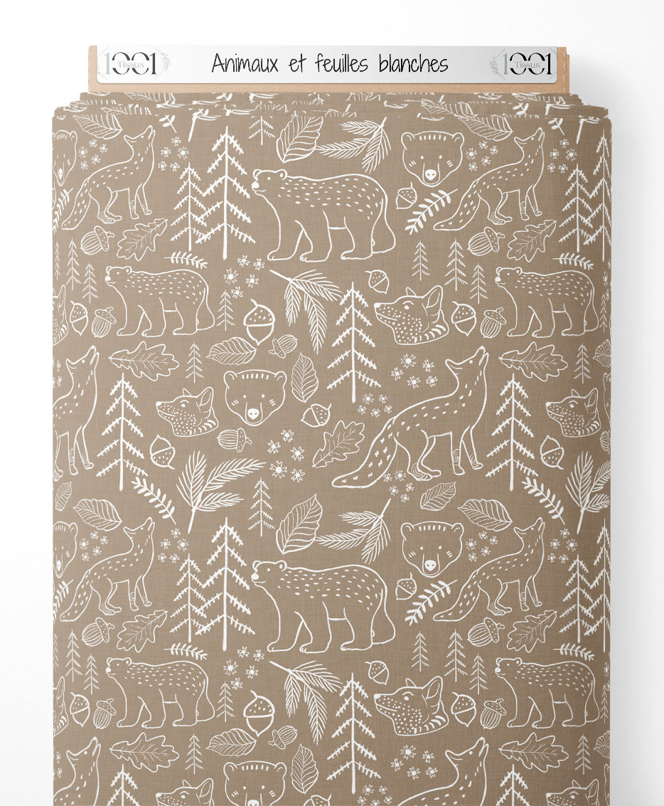 Tissu - Animaux et feuilles blanches